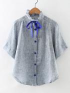 Shein Grey High Neck Bow Button Cute Blouse
