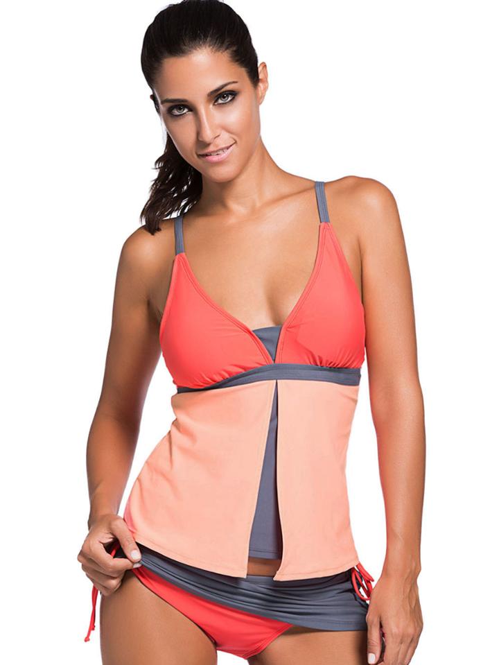 Shein Color Block V Neck Tankini With Skort