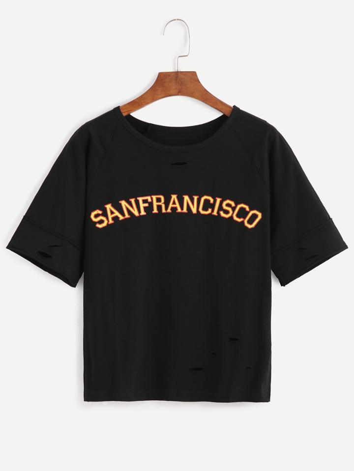 Shein Slogan Print Distressed T-shirt