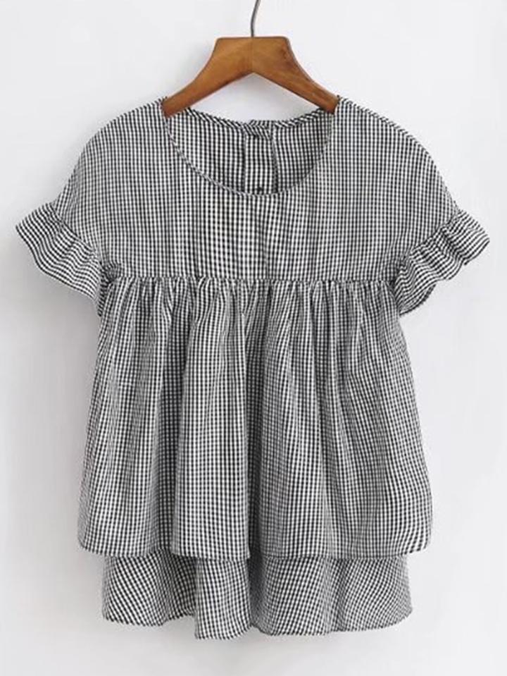 Shein Ruffle Cuff Checked Layered Smock Top