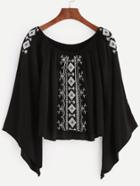 Shein Embroidery Black Boat Neck Bell Sleeve Blouse