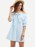 Shein Blue Striped Bow Off The Shoulder Dress