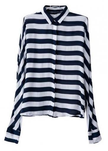 Rosewe Black And White Stripe Long Sleeve Turndown Collar Shirts For Woman