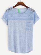 Shein Blue Lace Insert Pocket T-shirt