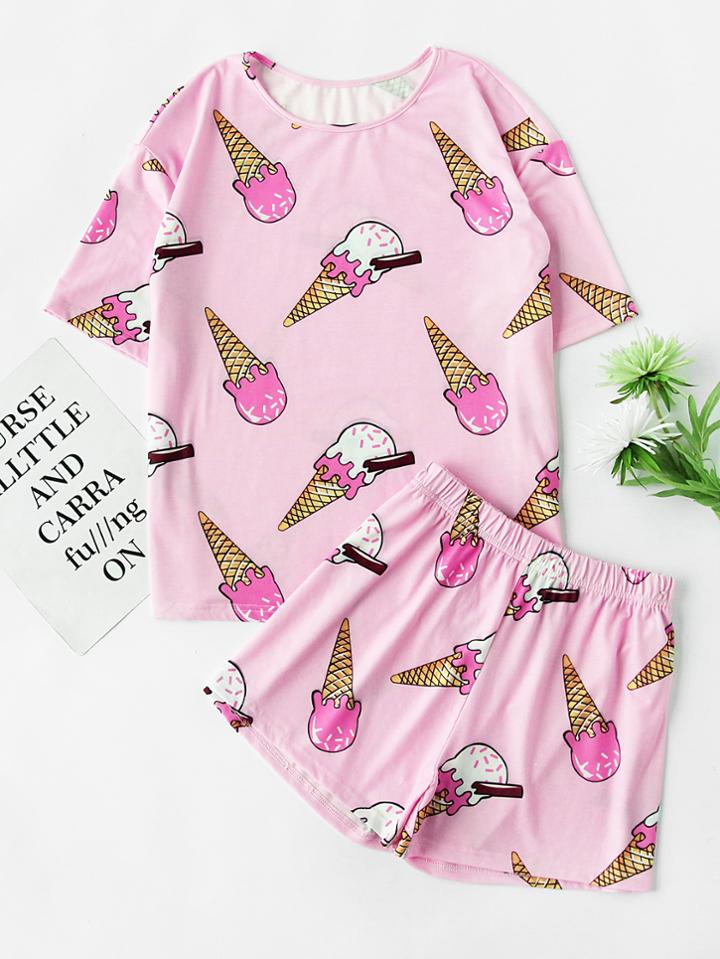 Shein Ice Cream Print Tee And Shorts Pajama Set