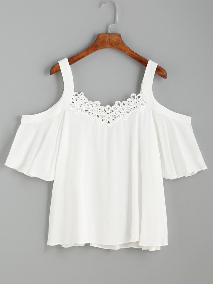 Shein White Cold Shoulder Crochet Trim Top