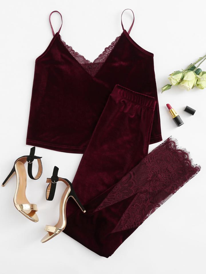 Shein Lace Trim Velvet Cami & Pants Pj Set