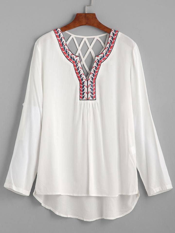 Shein White Dip Hem Embroidered Lattice Back Blouse