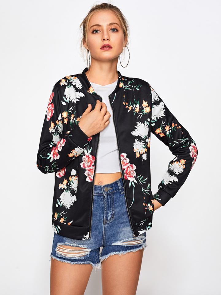 Shein Tropical Print Zip Up Jacket