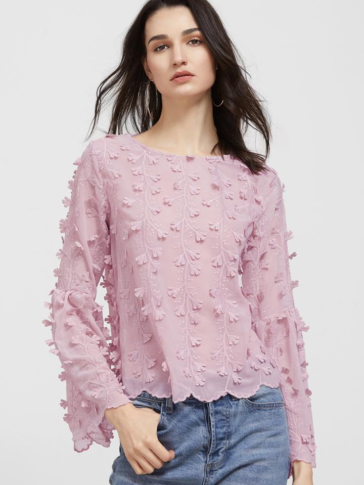 Shein Pink Embroidered Lace Up Back Scallop Hem Blouse
