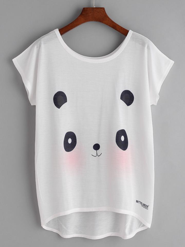 Shein White Panda Print Dolman Sleeve Dip Hem T-shirt