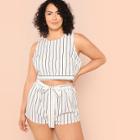 Shein Plus Bow Embellished Striped Shell Top & Shorts Set