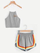 Shein Rainbow Patch Halter Top And Colorful Trimming Shorts Set