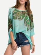 Shein Green Paisley Print Chiffon Shirt