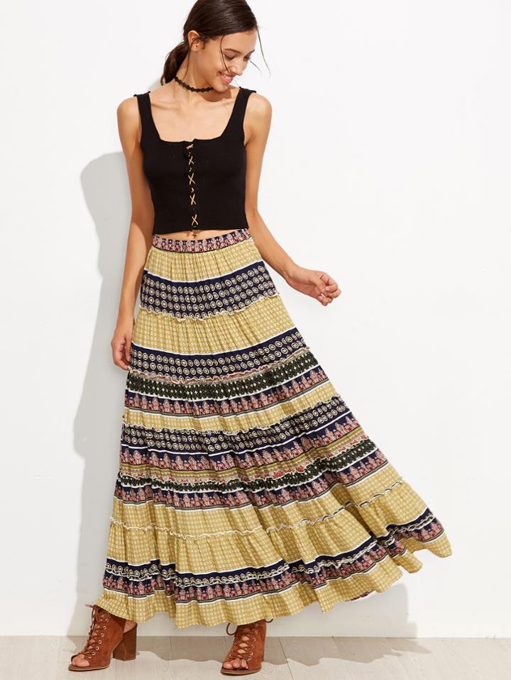 Shein Tribal Print Floral Boho Maxi Swing Skirt
