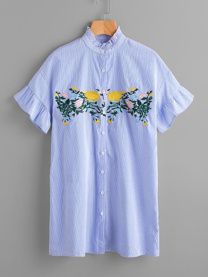 Shein Frill Collar And Sleeve Flower Embroidery Shirt Dress