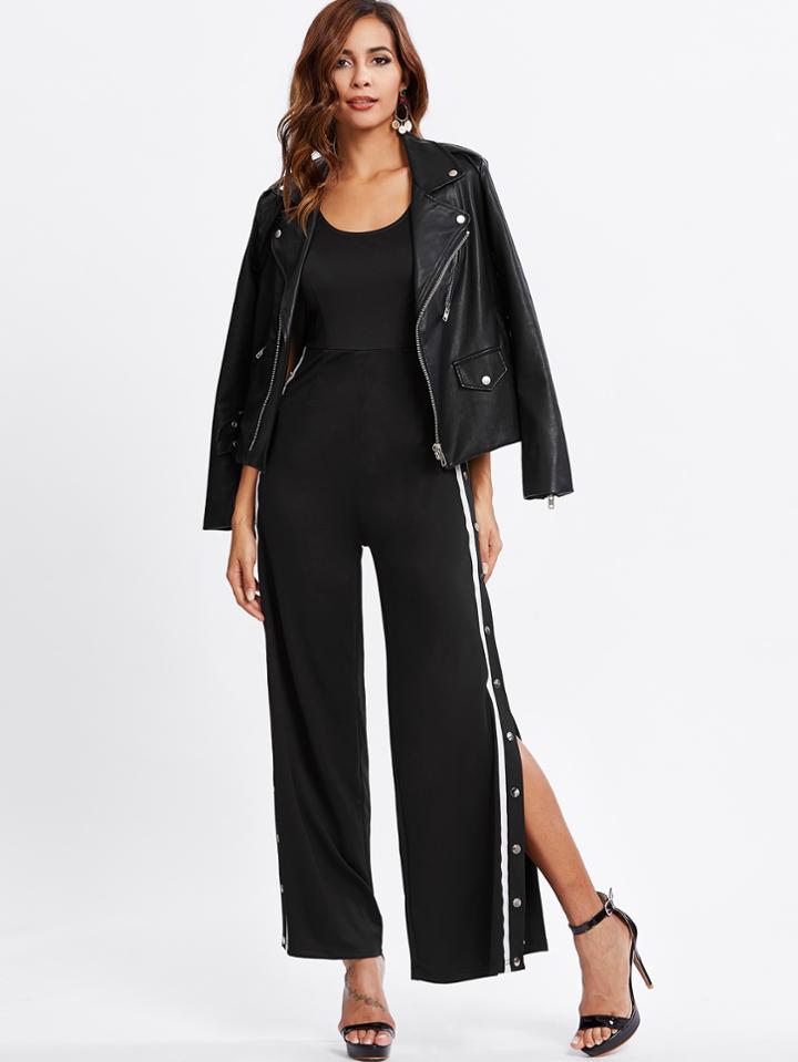 Shein Buttoned Striped Side Wide Leg Tank Jumpsuit