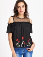 Shein Mesh Yoke Frill Detail Keyhole Back Embroidered Top