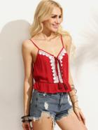 Shein Burgundy Appliques Tie Ruffle Hem Cami Top