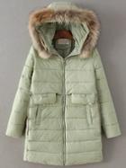 Shein Light Green Zipper Detail Padded Coat With Faux Fur Hooded
