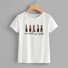 Shein Lipstick & Letter Print Tee