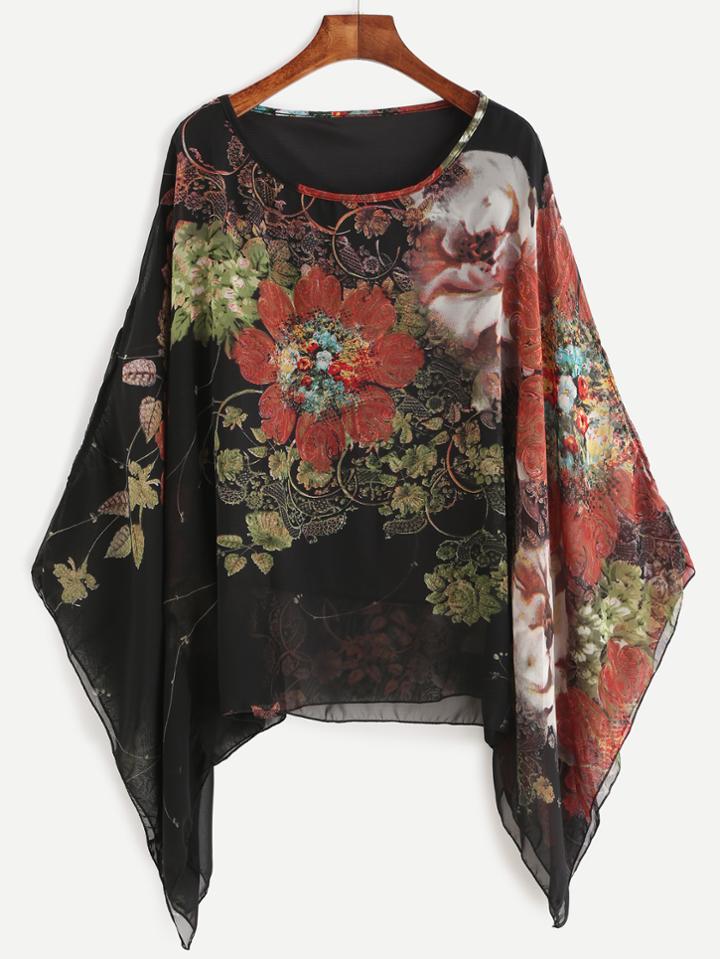 Shein Black Floral Print Batwing Chiffon Blouse