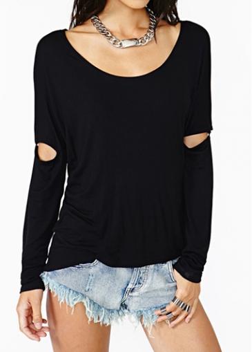 Rosewe Round Neck Cutout Sleeve Black T Shirt