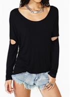 Rosewe Round Neck Cutout Sleeve Black T Shirt