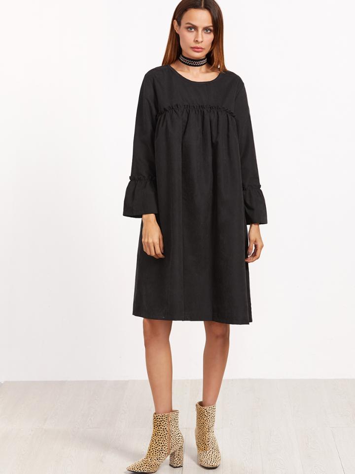 Shein Black Bell Sleeve Ruffle Shift Dress