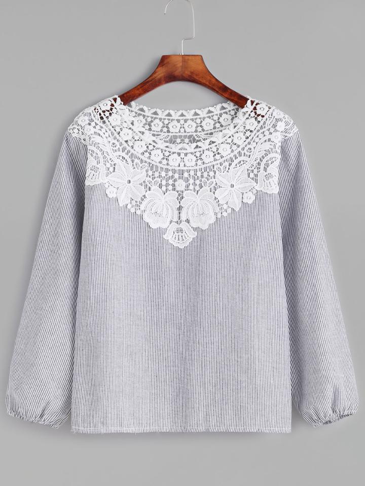 Shein Vertical Pinstriped Contrast Lace Trim Top