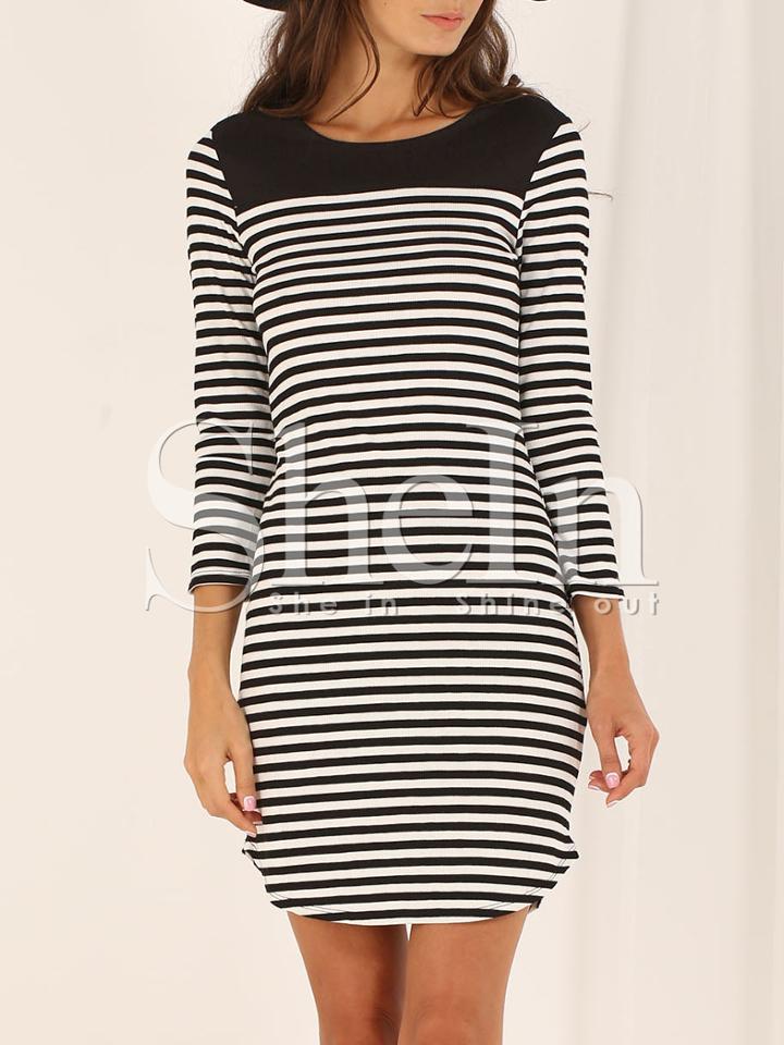 Shein White Black Pullover Long Sleeve Striped Dress