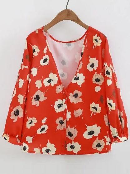 Shein V-neckline Flower Print Single Breasted Blouse