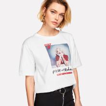 Shein Figure And Letter Print Front Tee