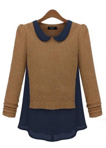 Rosewe Fashion Color Blocking Sweaters With Peter Pan Collar And Puff Sleeve Design