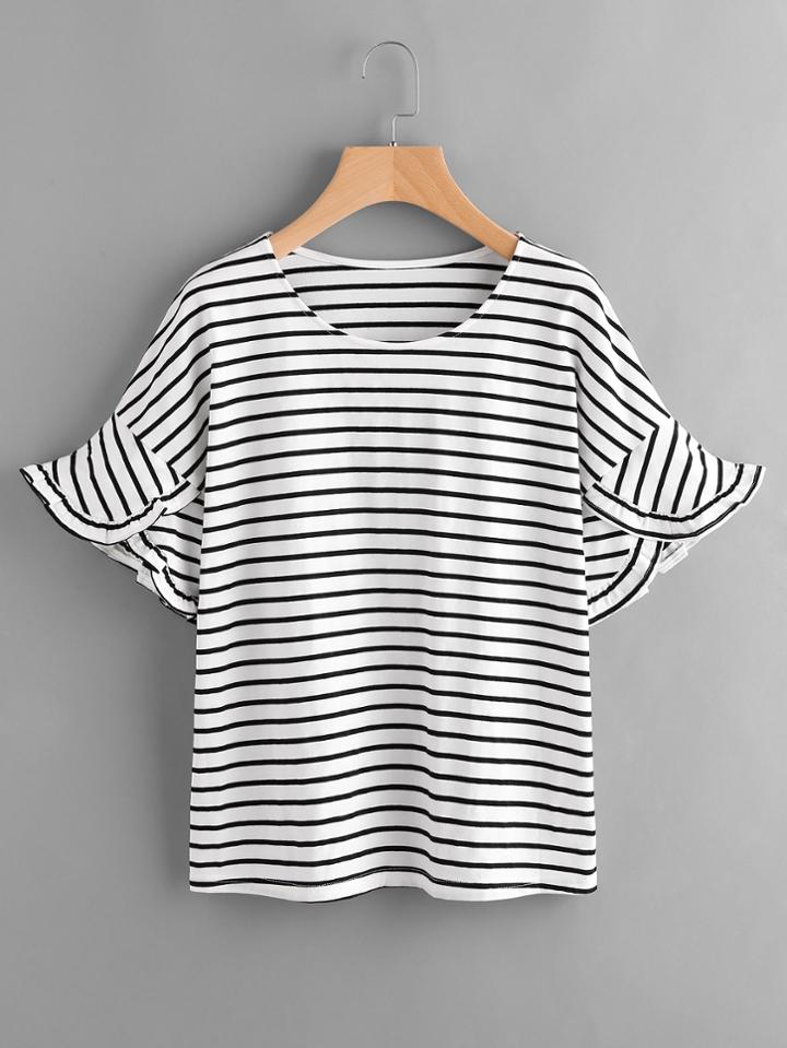 Shein Horizon Striped Frill Bell Cuff Tee