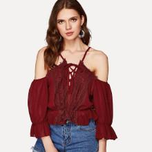 Shein Lace Up Front Lace Trim Blouse