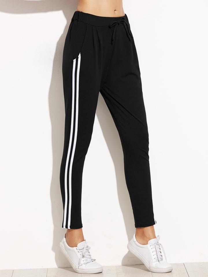Shein Black Side Stripe Drawstring Waist Pants