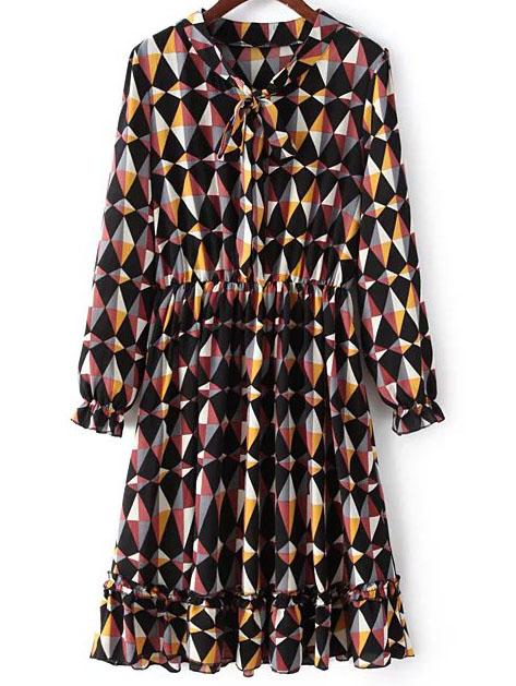 Shein Geometric Print Bow Ruffle Hem Pleated Dress