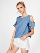 Shein Open Shoulder Frill Detail Chambray Top