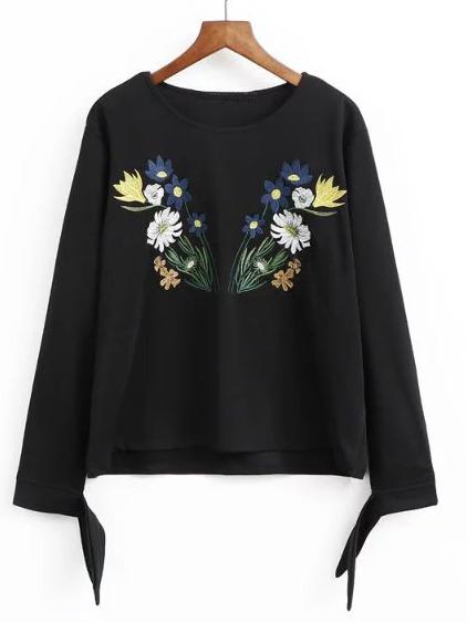 Shein Black Embroidered Tie Sleeve Sweatershirt