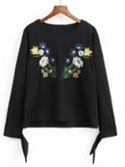 Shein Black Embroidered Tie Sleeve Sweatershirt