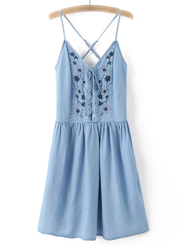 Shein Blue V Neck Lace Up Embroidery Dress
