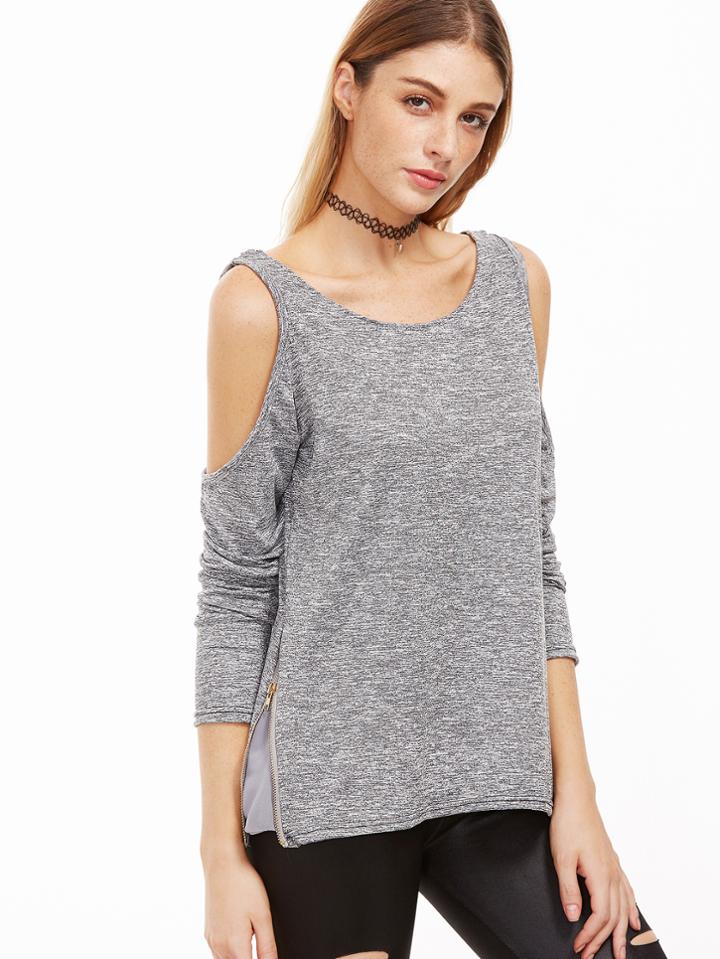 Shein Grey Open Shoulder Zip Side T-shirt