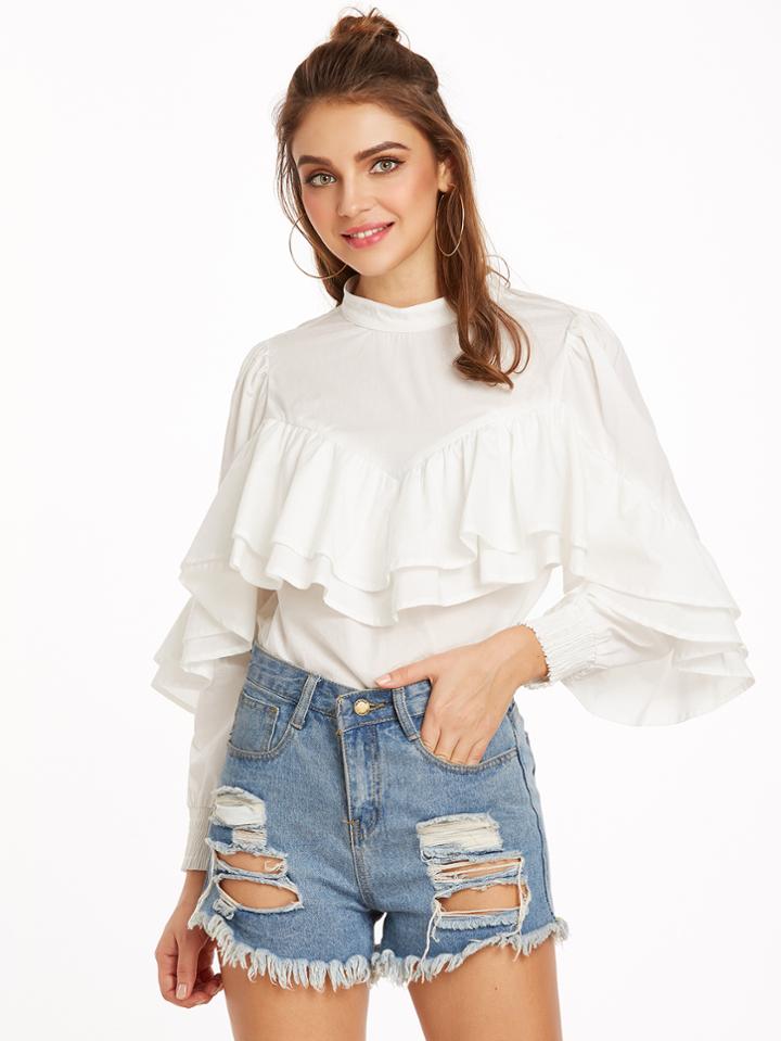 Shein Smocked Cuff And Hem Layered Ruffle Blouse