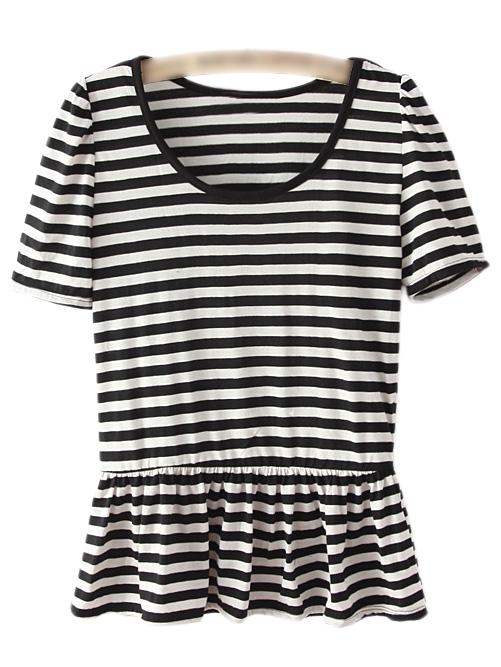 Shein Black White Stripe Ruffle Hem Casual T-shirt