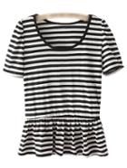 Shein Black White Stripe Ruffle Hem Casual T-shirt