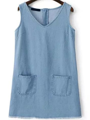 Shein Blue V Neck Pockets Denim Dress