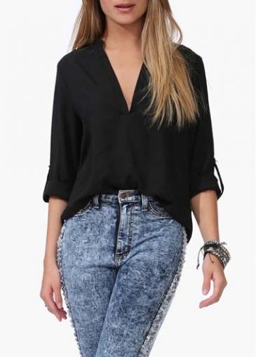 Rosewe Comfortable V Neck Long Sleeve T Shirt Black