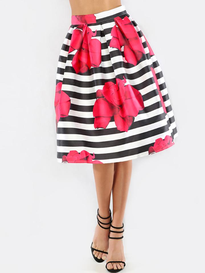 Shein Floral Print Striped Pleated Flare Skirt