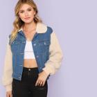 Shein Fleece Collar And Sleeve Denim Jacket